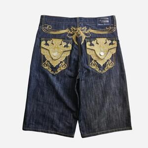 sick Y2K Coogi all embroidered black baggy denim shorts with gold embroidered